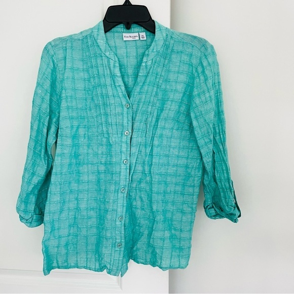 Kim Rogers Linen/Cotton 3/4 Sleeve Button Down Shirt Turquoise - Picture 2 of 14
